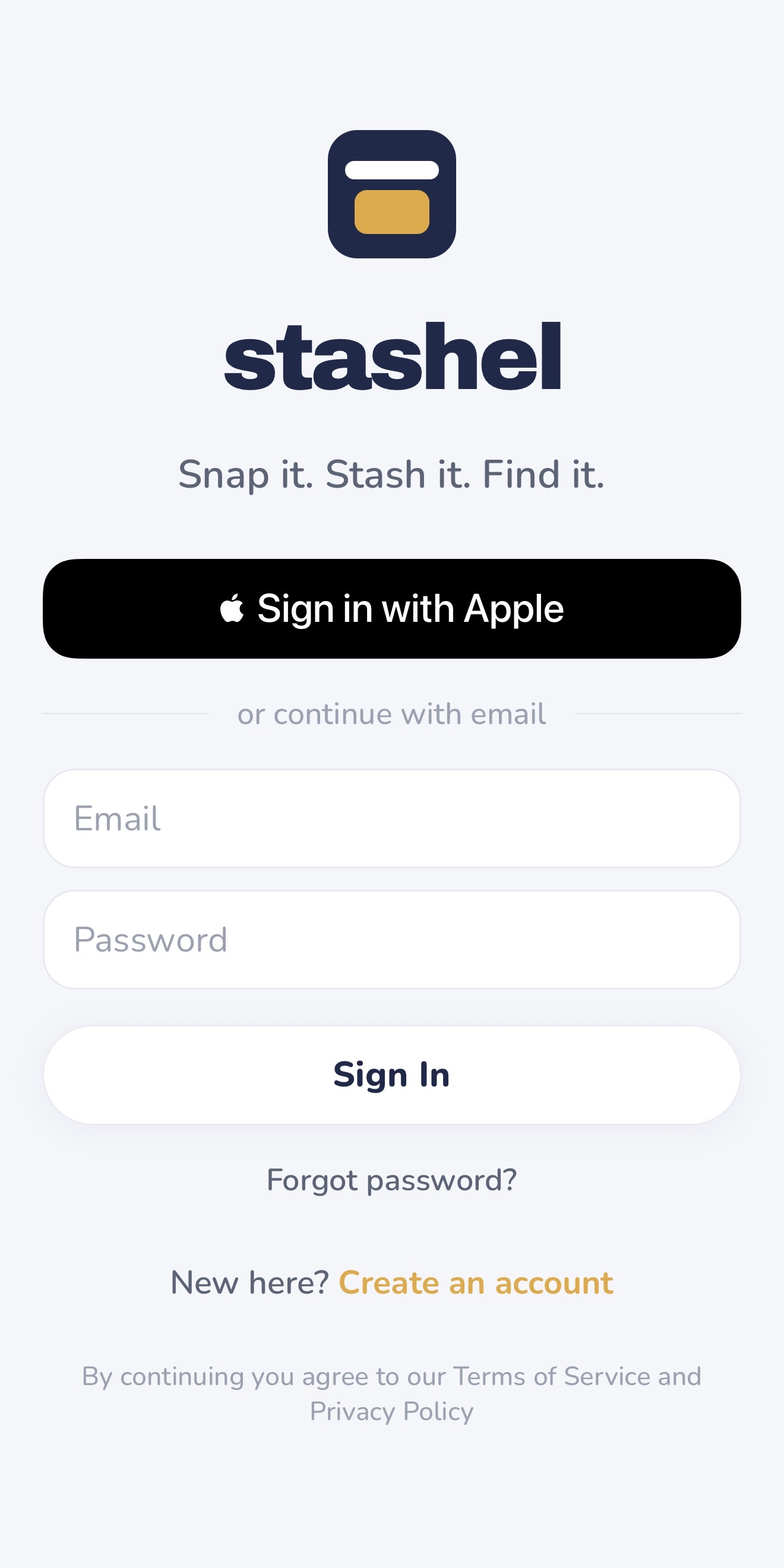 Stashel sign-in screen